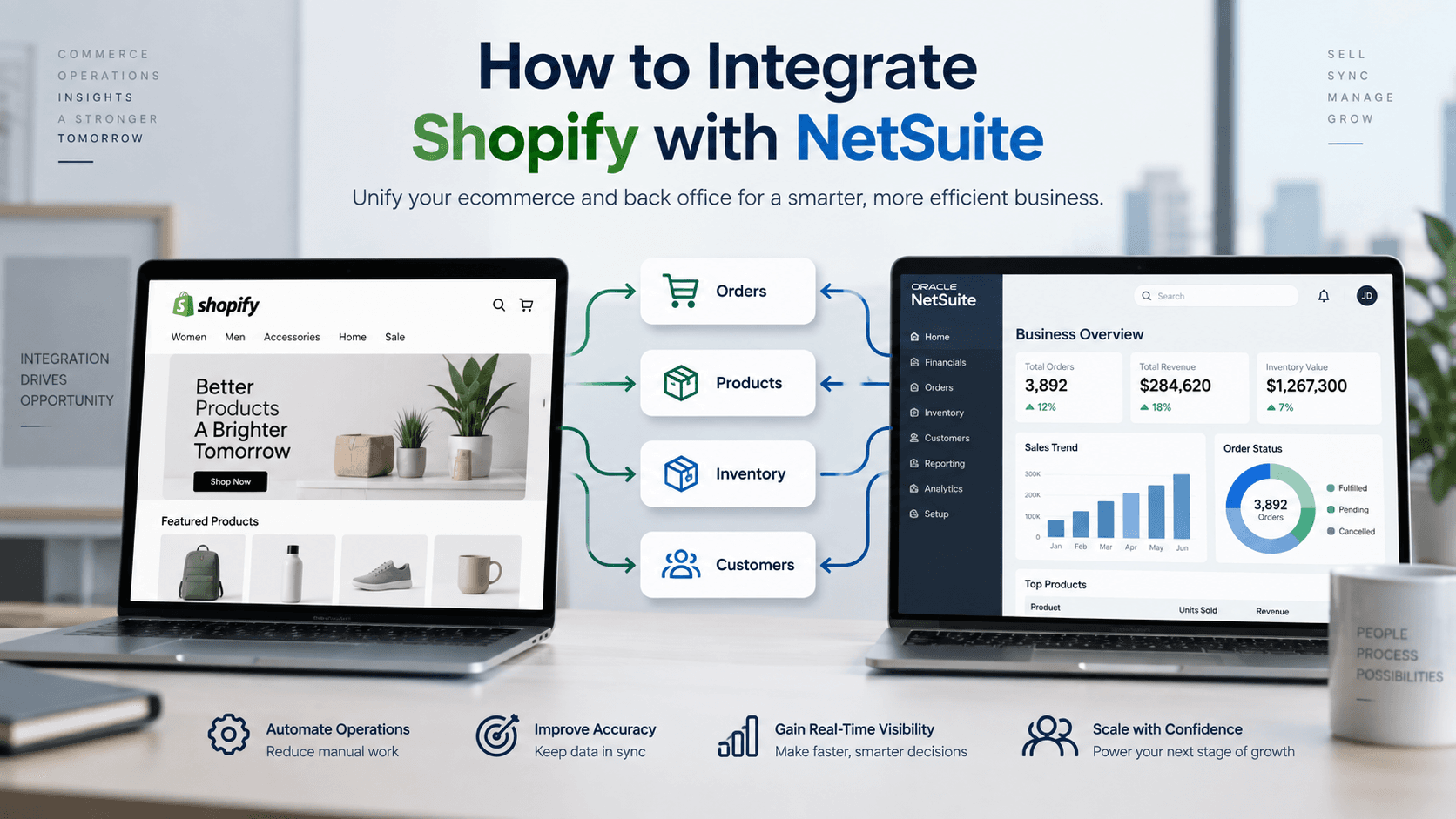 Shopify storefront and NetSuite dashboard side by side, syncing orders, products, inventory, and customers between the two systems